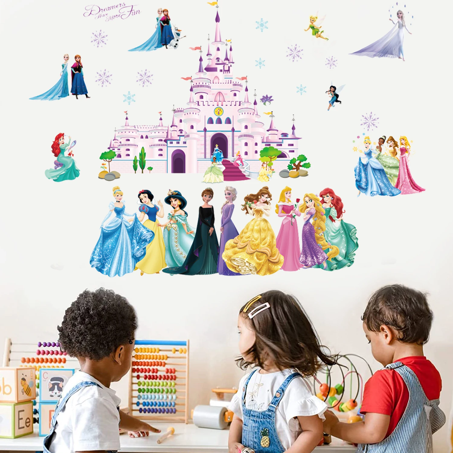 Cartoon Castle Lovely Snow White Cinderella Aurora frozen Princess Wall  Stickers For Kids Room Home Mural Art Girls Wall Decals, image size:1500x1500