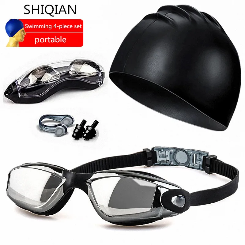 4 adult swimming high-definition anti fog electroplated swimming goggles, waterproof silicone nose clip earplugs, caps