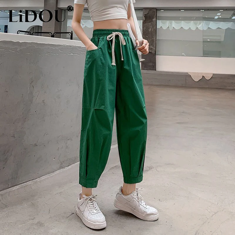 

Spring Summer High Waist Casual Fashion Lantern Sweatpants Lady Ankle Length Solid Loose All-match Cargo Pants Women's Clothing