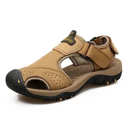 Luxury Men's Breathable Leather Outdoor Sandals - Non - Slip Wide Fit Beach Shoes - 45 (Khaki 238)