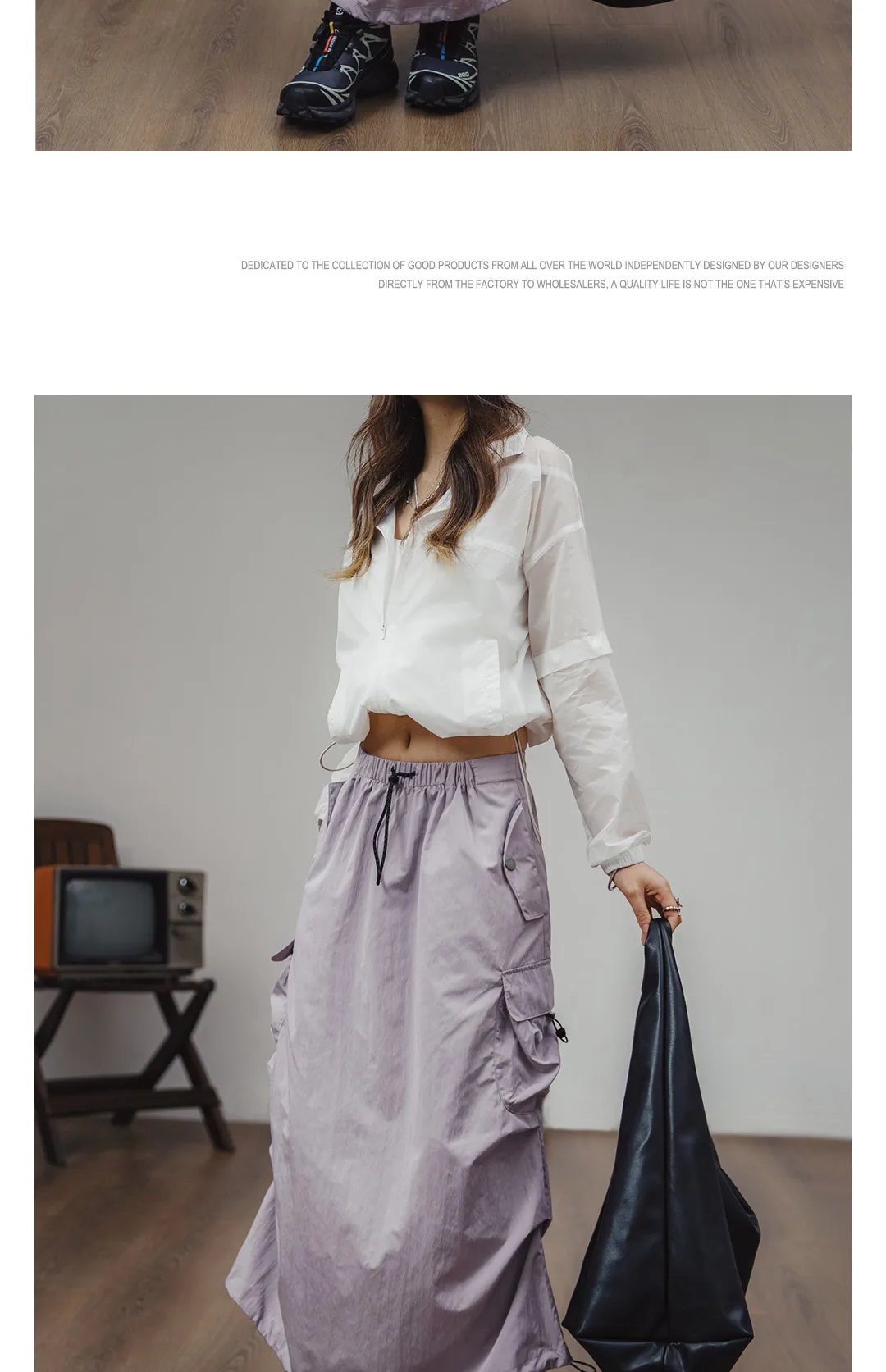 Maden Women Vintage Workwear A-line Skirts Multi-Pocket Tie Draw Pleat Skirt Mid-waist Loose Skirt Spring and Autumn Street Wear