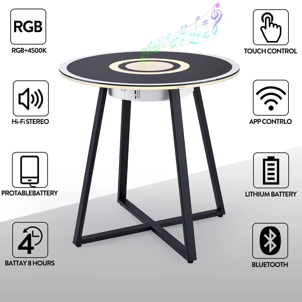 

Creative Glass Coffee Table with Bluetooth Speaker Multi-Function Round Tea Table LED Light Wireless Charging