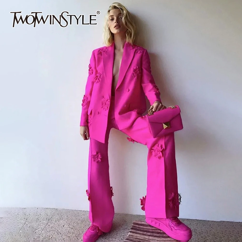 

Женский комплект из двух предметов TWOTWINSTYLE, однотонный комплект из двух предметов, пальто с отложным воротником и длинными рукавами, брюки с высокой талией, элегантный комплект с аппликацией