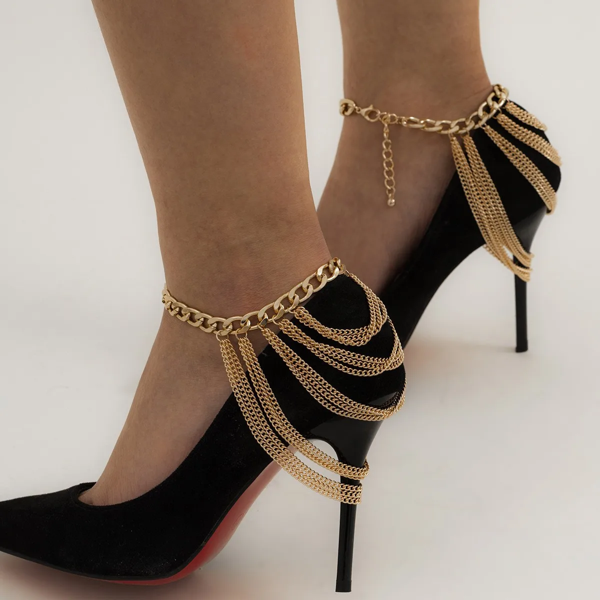 Sexy Multi Layer Retro Style Tassel Alloy Ankle Chain Banquet High Heels Ladies Jewelry