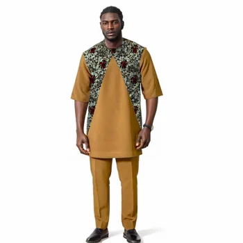 Abiti da uomo kaki Camicia patchwork Top a mezza manica + Pantaloni Set di abbigliamento couture africano personalizzato moda nigeriana 1