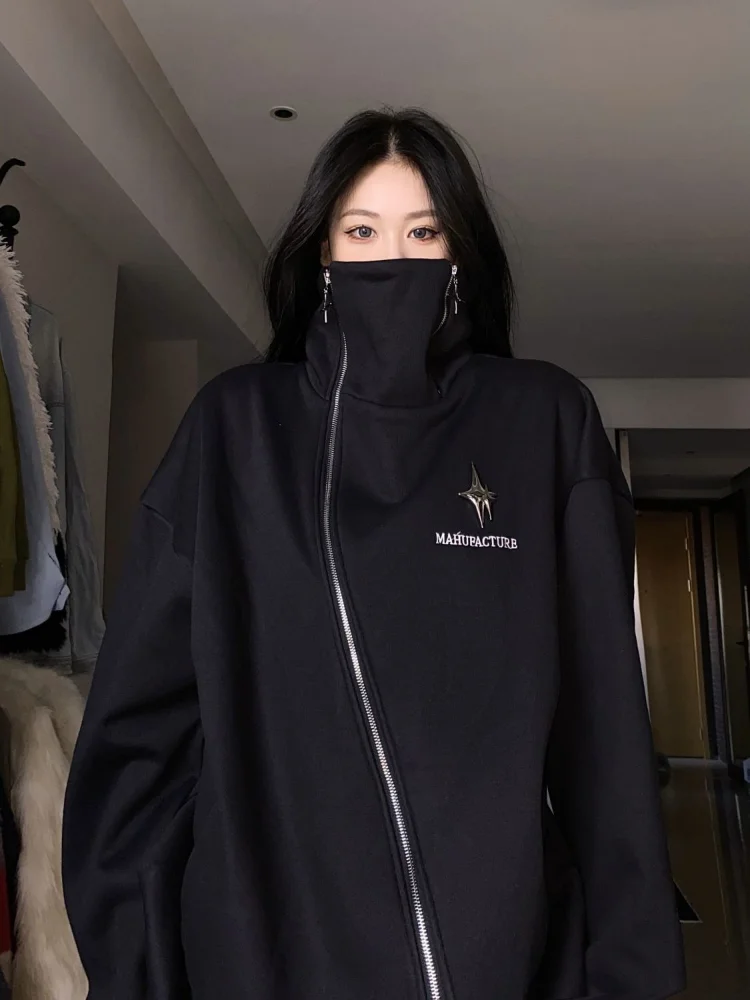 ADAgirl Streetwear Sweatshirt with Zipper Women Irregular Turn-down Collar Oversized Hoodie Loose Casual High Street Female Tops