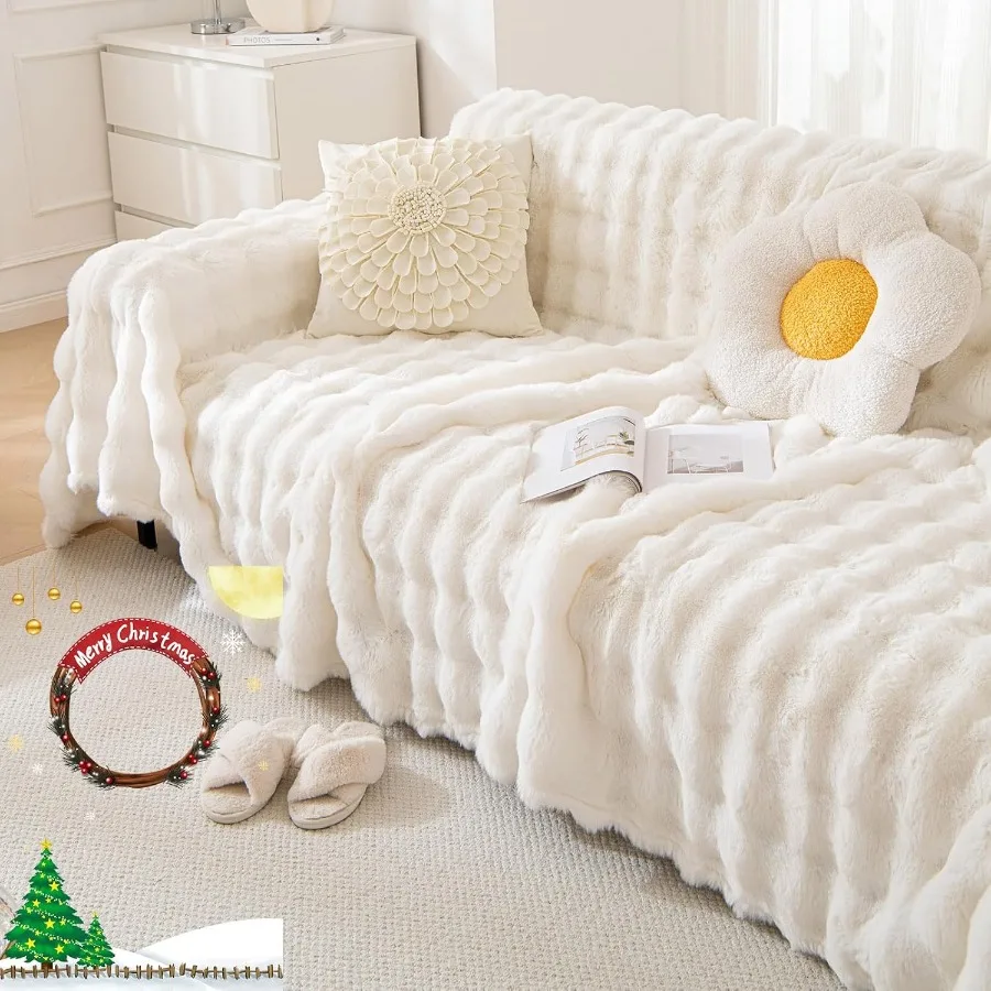 Soft Warm Faux Fur Sofa Cover Thick Shaggy Fuzzy Sectional Couch Cover Plush Fluffy Blanket Cover for Couch Sofa Bed in White P