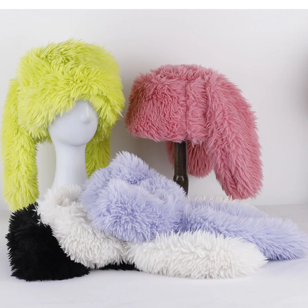 

Fashion Hat Plush Rabbit Big Head Ear Fisher Hat Women Autumn Winter Thicken Warm Cute Bowler Appear Face Small Short Brim Party