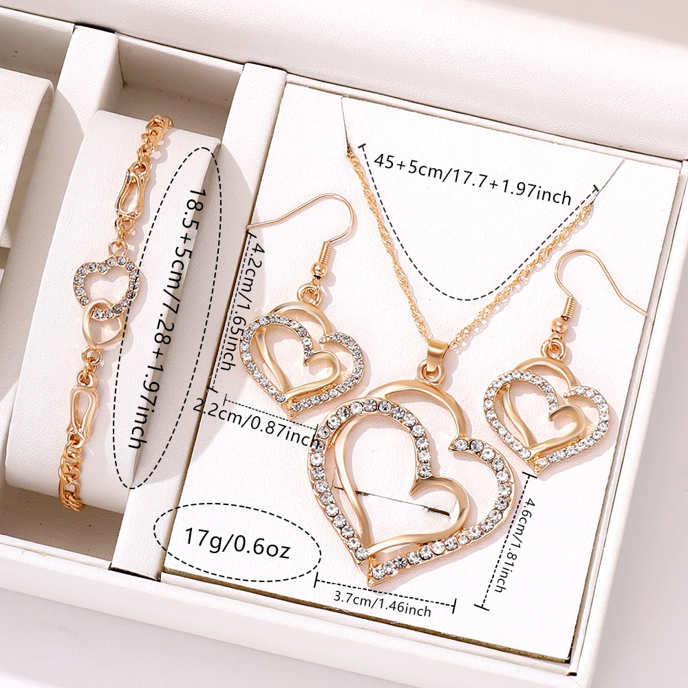 4-piece Women Jewelry Set Creative Double Heart Diamond Necklace Earrings Bracelet