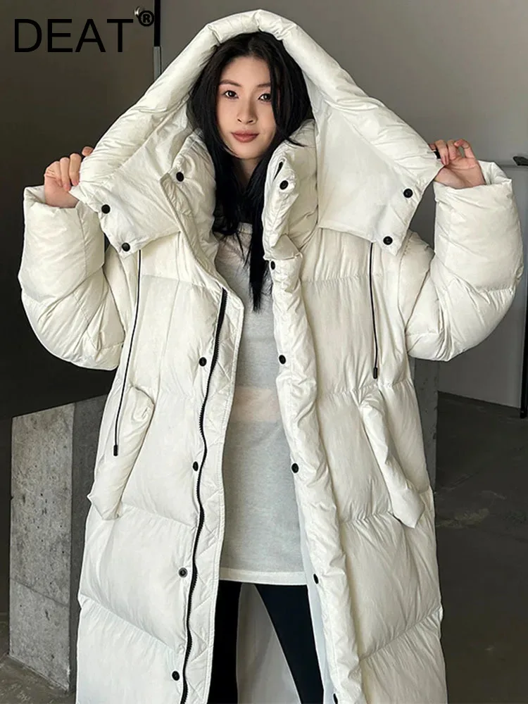 

DEAT Fashion Women's Duck Down Coat Hoodied Drawstring Overknee Thicked Long Sleeve Warm Overcoat Winter 2023 New Tide 7AB3090