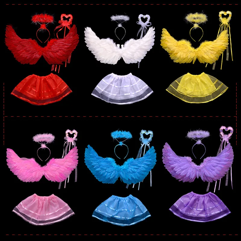 

Angel Feather Wings Halo Headband Set Girls Tutu Skirt Wand Fancy Party White Costume Cosplay Halloween