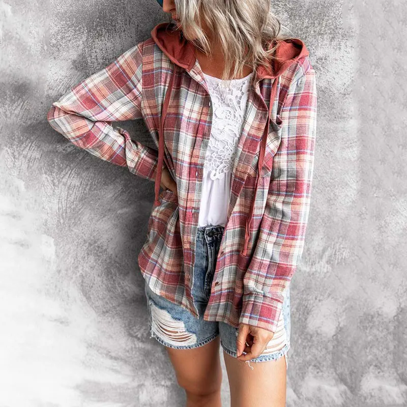 

2022 Female Fashion Casual Pink Spring Thin Shirt Coat Loose Plaid Shirt Women Autumn Hooded Button Up Shirt Checkered Outerwear