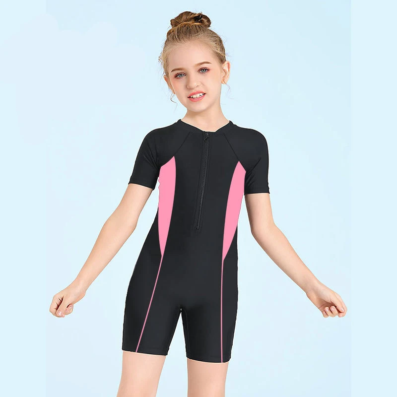 swimsuit one piece Children's One-piece Swimsuit Boy Girl Sunscreen Zipper Swimwear Color Matching Short Sleeve Shorty
