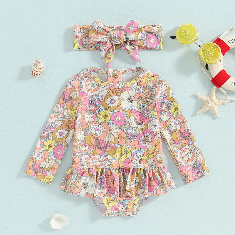 

BeQeuewll Toddler Girls Summer Beach Swimwear Long Sleeve Crewneck Floral Print Bathing Suit with Headband For 3-36 Months