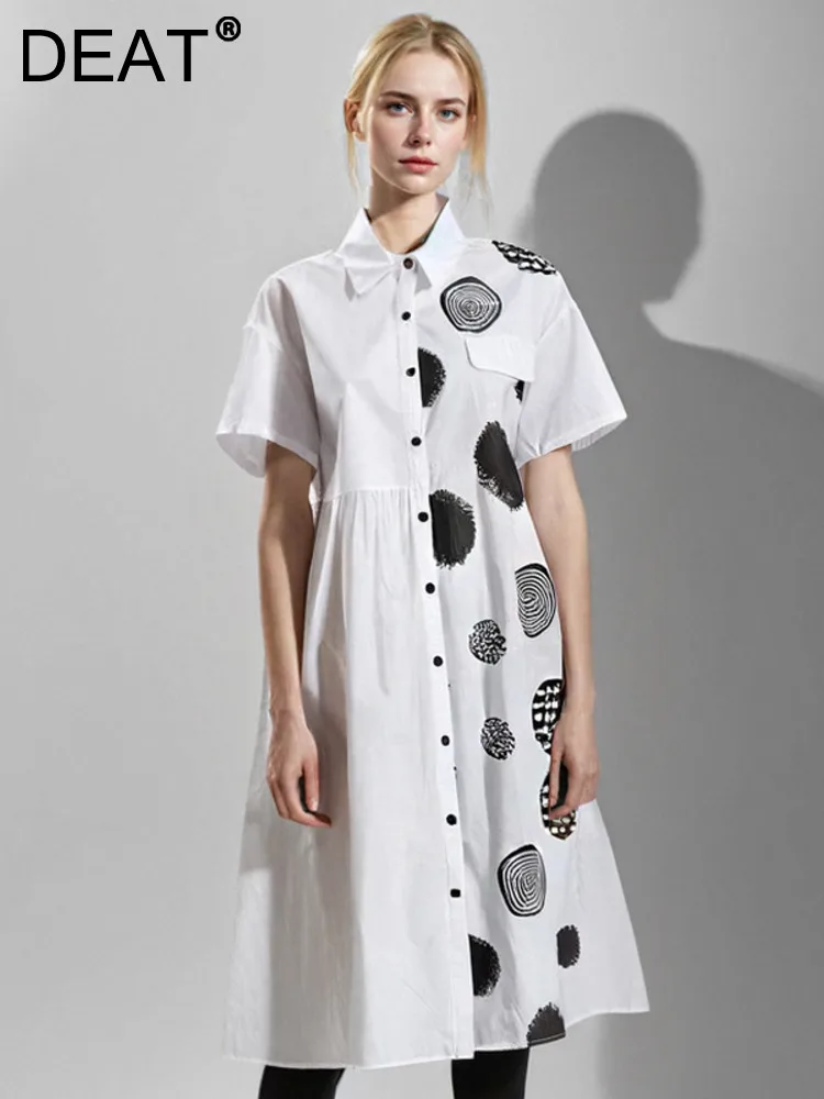 

DEAT Fashion Women's Print Dress Lapel Short Sleeves Single Breasted Flounce Hem Loose Folds Dresses Summer 2024 New CPG1506