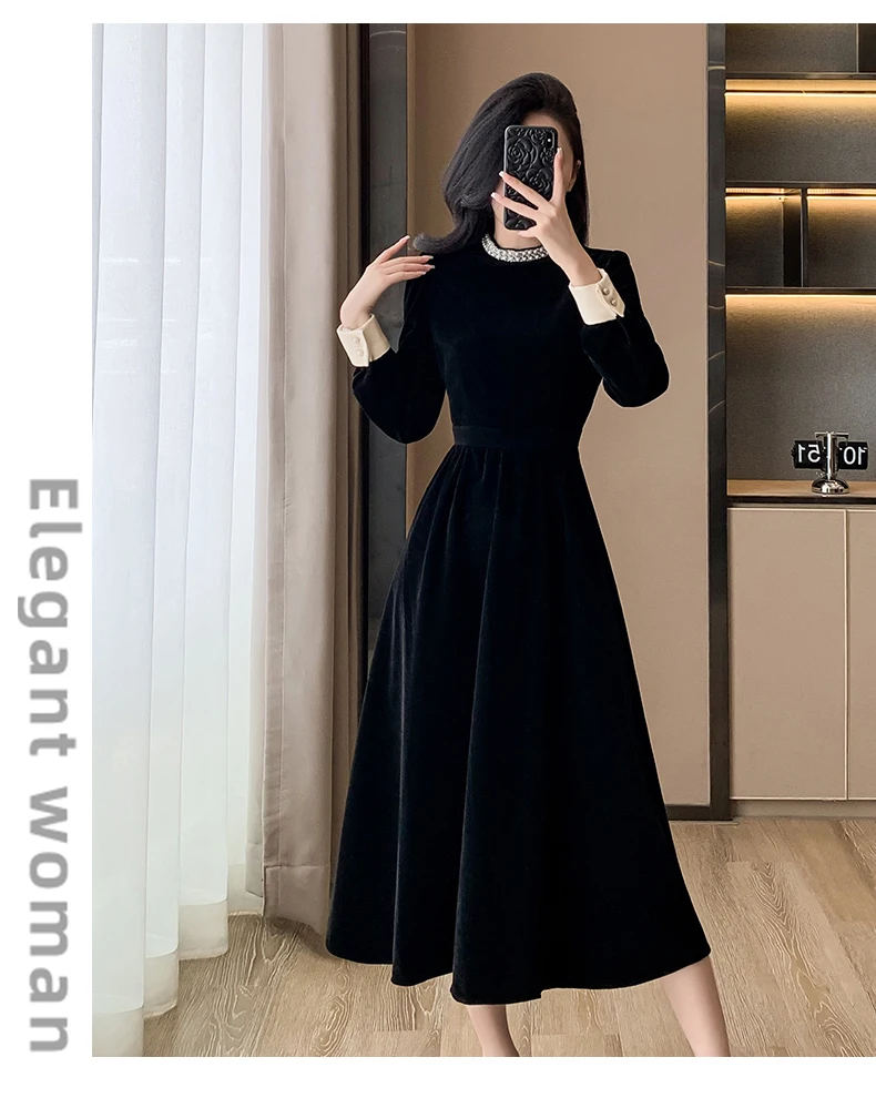 Mujer Primavera Verano Nuevo Elegante Terciopelo Patchwork Midi A Line Vestidos Oficina Dama Manga Larga Fiesta Moda Una Pieza Bata