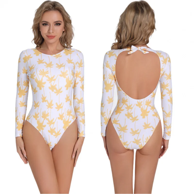 One-Piece Backless Sports Swimsuit for Women, Long-Sleeved Swimsuit, Printed Sunscreen, Surfing Suit, Dive Skin, Snorkeling Suit