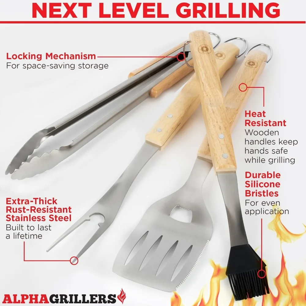 

Alpha Grillers Grill Set Heavy Duty BBQ Accessories - BBQ Gifts Tool Set 4pc Grill Accessories with Spatula, Fork, Brush
