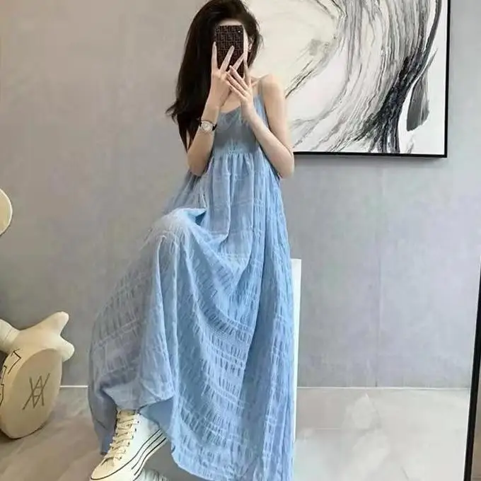 

Simple and Fashionable Solid Color Long Dress for Women Spring Square Neck Suspender Party Dress Sleeveless Beach Dress L167