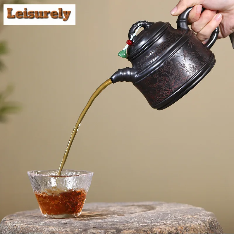 600ml Creative Yixing Purple Clay Teapot Handmade Bamboo Tripod Pot Raw Ore Stone Yellow Mud Tea Making Kettle Zisha Teaset Gift
