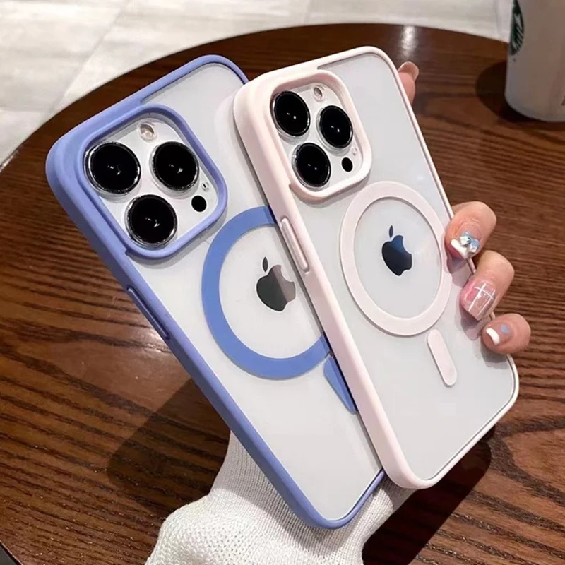 iPhone 15 14 13 12 11 Pro Max Mini XS XR 하드 아크릴 커버 용 Magsafe 자기 무선 충전 케이스 용 다채로운 투명