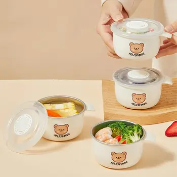 WORTHBUY 소형 원형 도시락 상자, 304 스테인레스 스틸 화상 방지 식품 용기, 어린이 전자 레인지 가열 상품 이미지