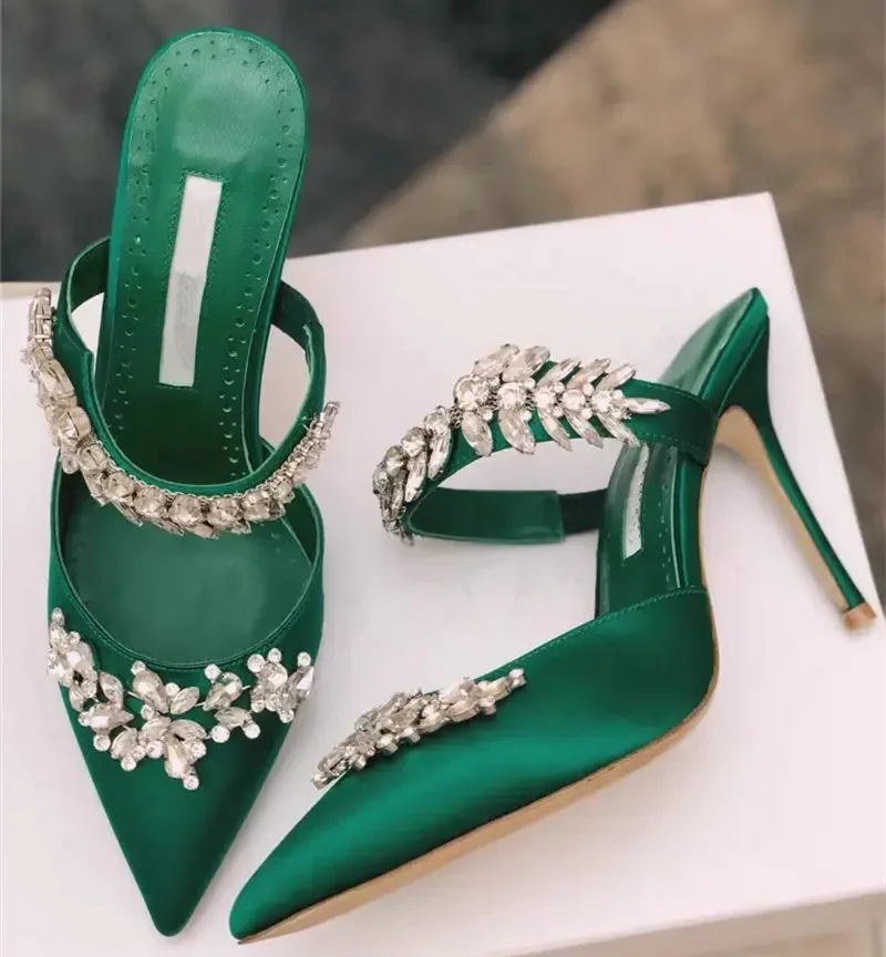 

Pointed Toe Rhinestone Luxury High Heels Satin Slippers Women Sexy Party Shoes 2024 Summe Elegant Mule Crystal Thin High Sandals
