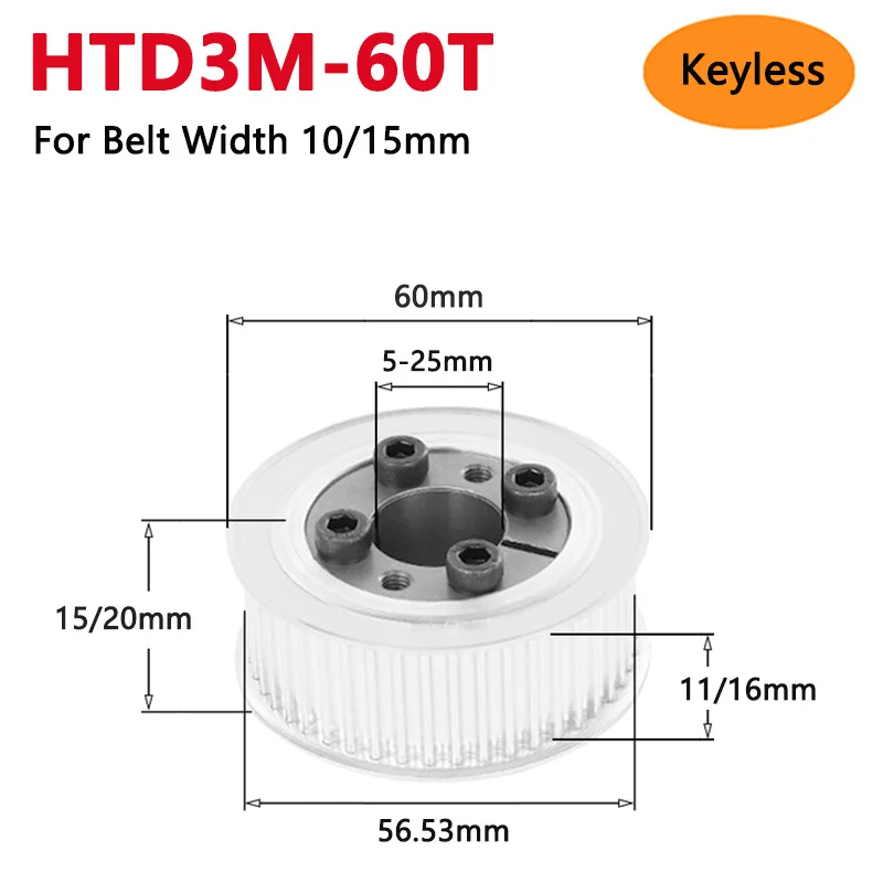 

1pc 60 Teeth HTD3M Keyless Timing Pulley 60T HTD-3M Expansion Sleeve Bushing Synchronous Wheel For Width 10/15mm Bore 5 6-25mm
