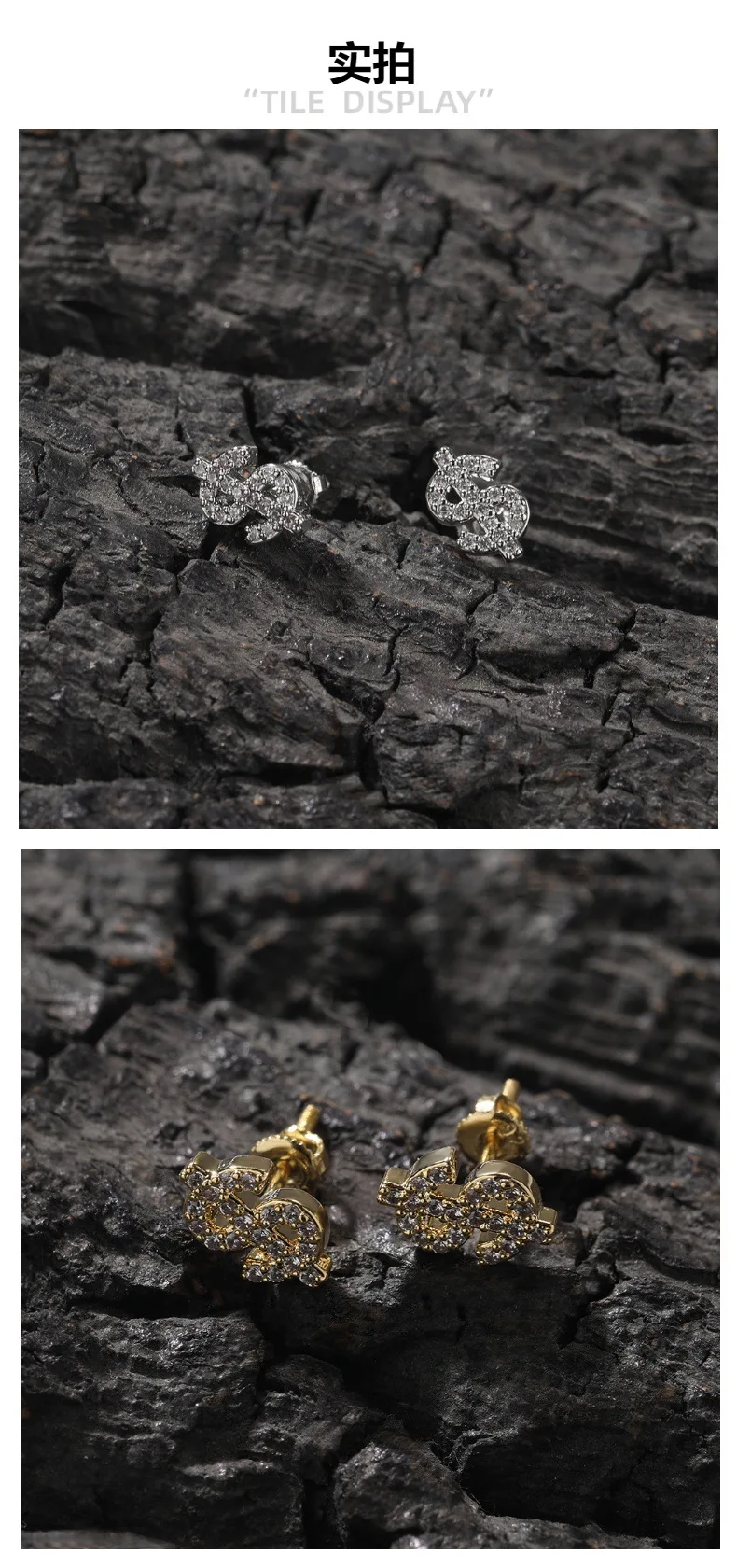 2024 New US Dollars Shape Mirco Pave Bling Iced Out Prong Setting Brass Earrings Fashion Hip Hop Jewelry BE062