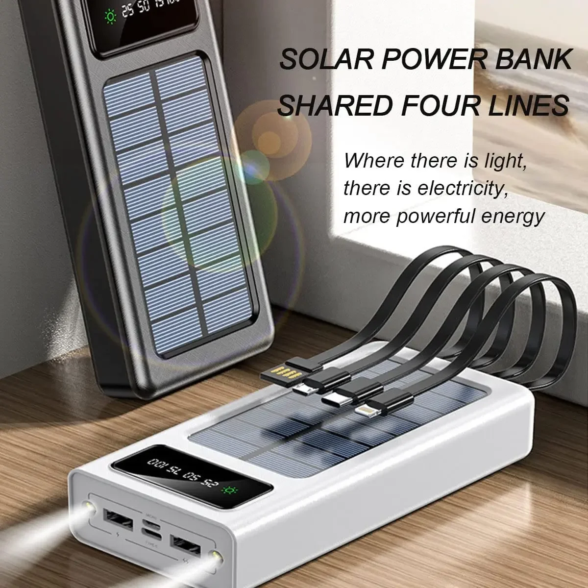 30000Mah-12000Mah Large Capacity Portable Charger Solar Power Bank Built-In 5 Outputs and 3 Inputs Cable for Mobile Phone Audio 3