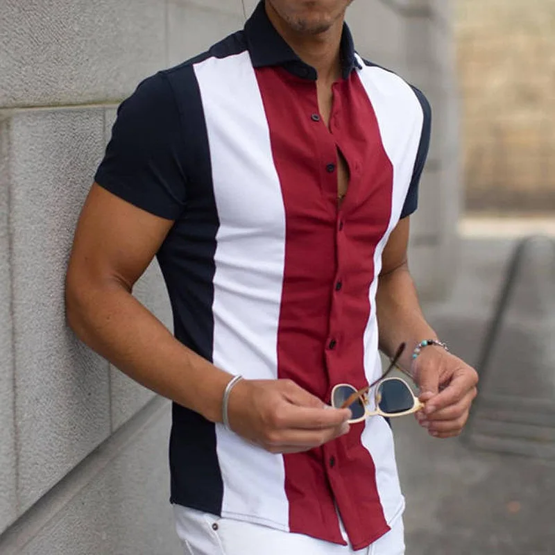 

Men Shirt Handsome Stripe Print Turn-Down Collar Single-Breasted Summer Tops Beach T-shirts Men Blouse blusas camisa masculina