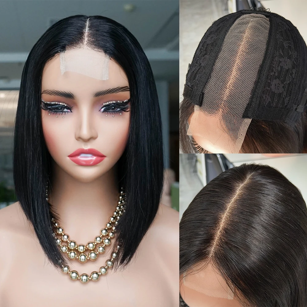 180% Double Drawn 2*6 Lace Bob Wigs Vrigin Vietnamese Human Hair Deep Middle Part Hairline Bone Straight Short Bob Wig KissHair human hair wig