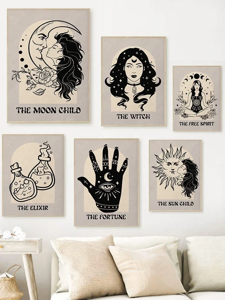 보헤미안 신비로운 검은 고양이 포춘 타로 카드 인쇄 포스터, 영적 예술 천상의 태양 달 장식, 오컬트 요술 벽화