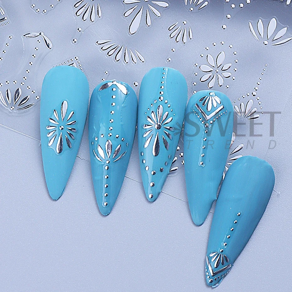 3pcs Bohemian Style Nail Stickers Gold Silver Blue Flower Petals Line Self-Adhesive Boho Nail Decals DIY Manicure Sliders Decor