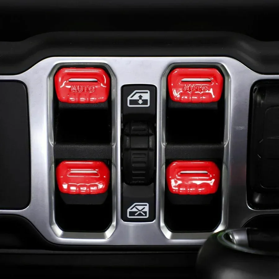 Interruptor de Controle Da Janela Do Carro Tampa Do Botão Vermelho, Auto Botões Push Cover para Jeep Wrangler JL JT 2018, Acessórios Interior Do Carro, 4 Pcs