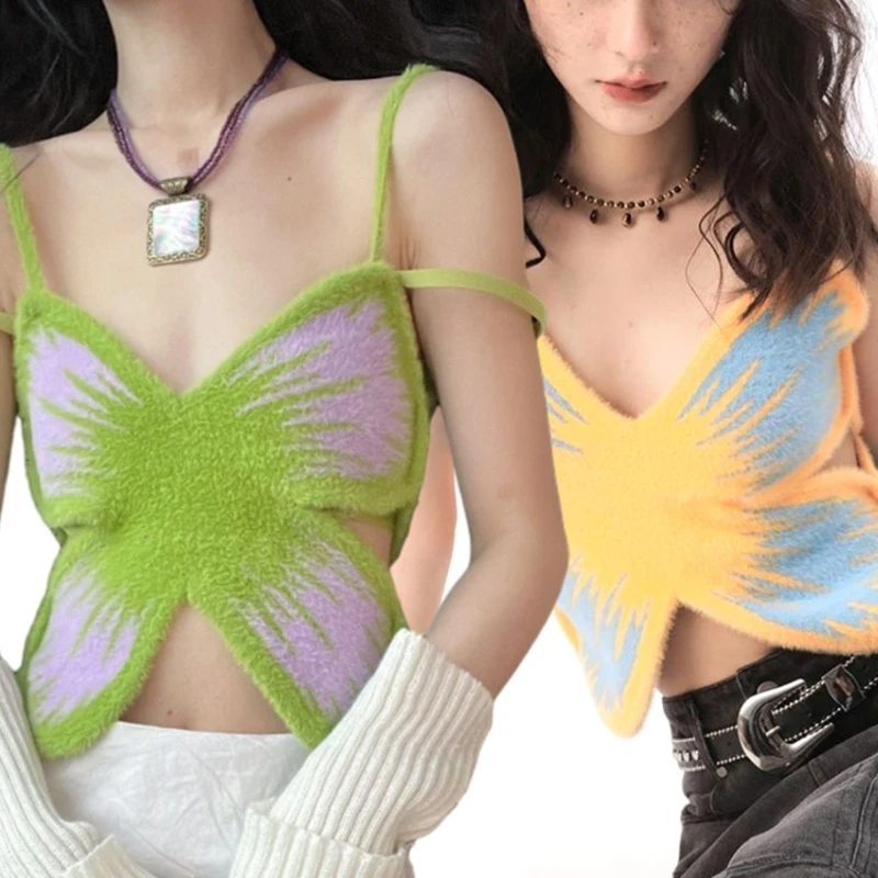 

Womens Ribbed Knit Crop Tanks Top Camisole Vest Tops Sexy Butterfly Knitted Camisole Y2K Vest