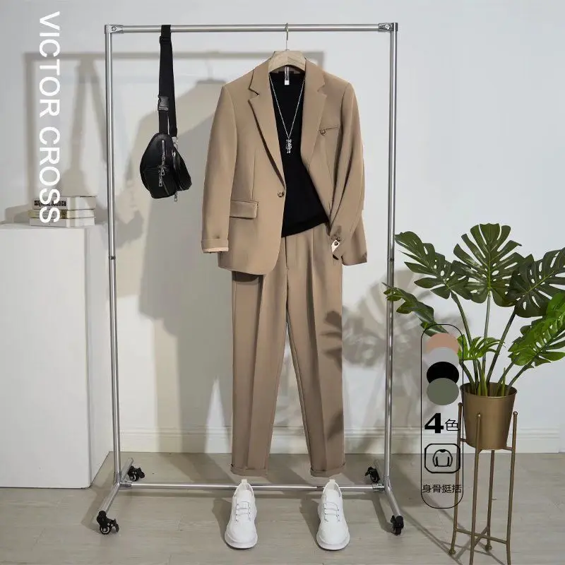 Men Fashion Spring Autumn Business Casual Office Suits New Suit Set Men Trendy Summer Korean Pure Color Loose Two-piece Set