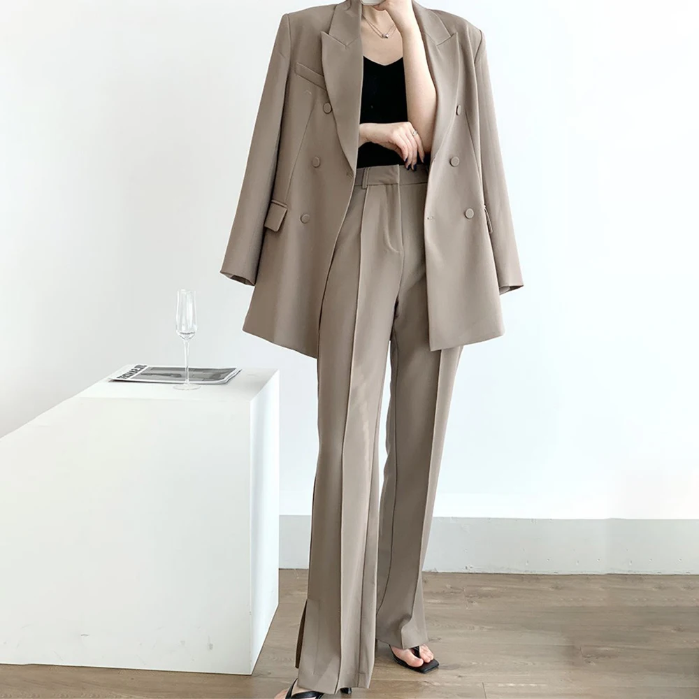 

2023 New Women Trouser Set Lapel Long Sleeve Double Breasted Jackets & High Waist Straight Pants Spring Chic Office Ladies Suits