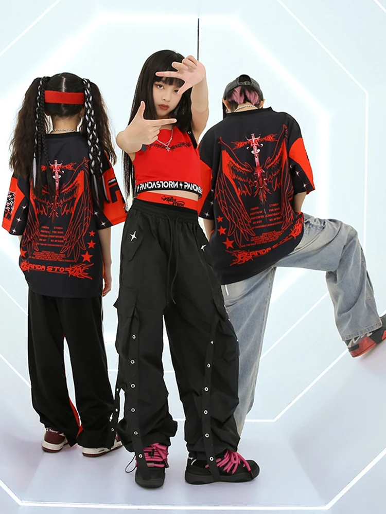 

Fashion Hip Hop Dance Clothes For Kids Girls Red Short Vest Loose T Shirt Boys Drum Show Costume Hiphop Competition Wear BL12667