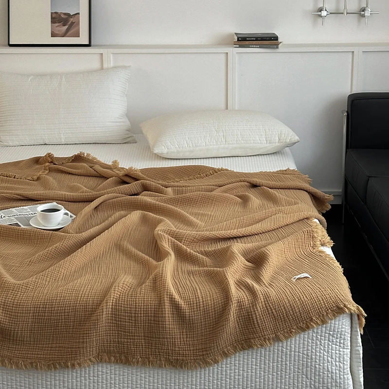 New Blanket 100% Cotton Sofa Towel Tassels Blankets Linen Solid Color Shawl Manta Plaid Blankets Four Layer Gauze Fringe Blanket - 4