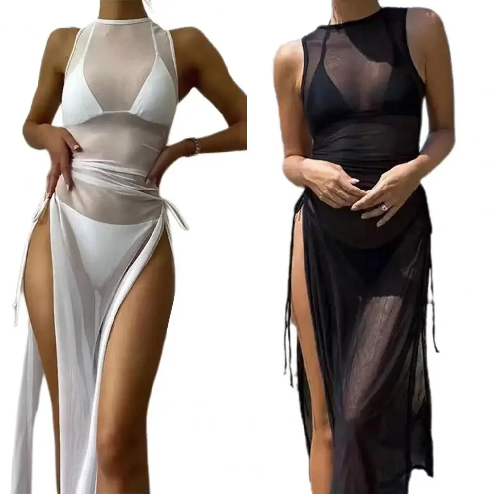 O-neck Side High Split Shirring Cover Up Dress Women Mesh Transparent Sleeveless Sunscreen Dress For Vacation 5