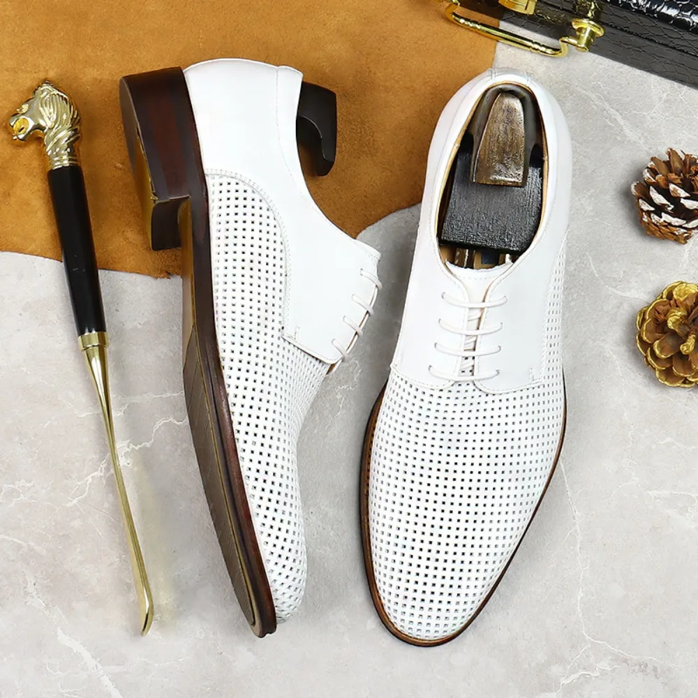 Men's Business Casual Oxford Shoes Real Cow Leather Comfortable Breathable Hollow Soft Leather Summer Shoes White Wedding
