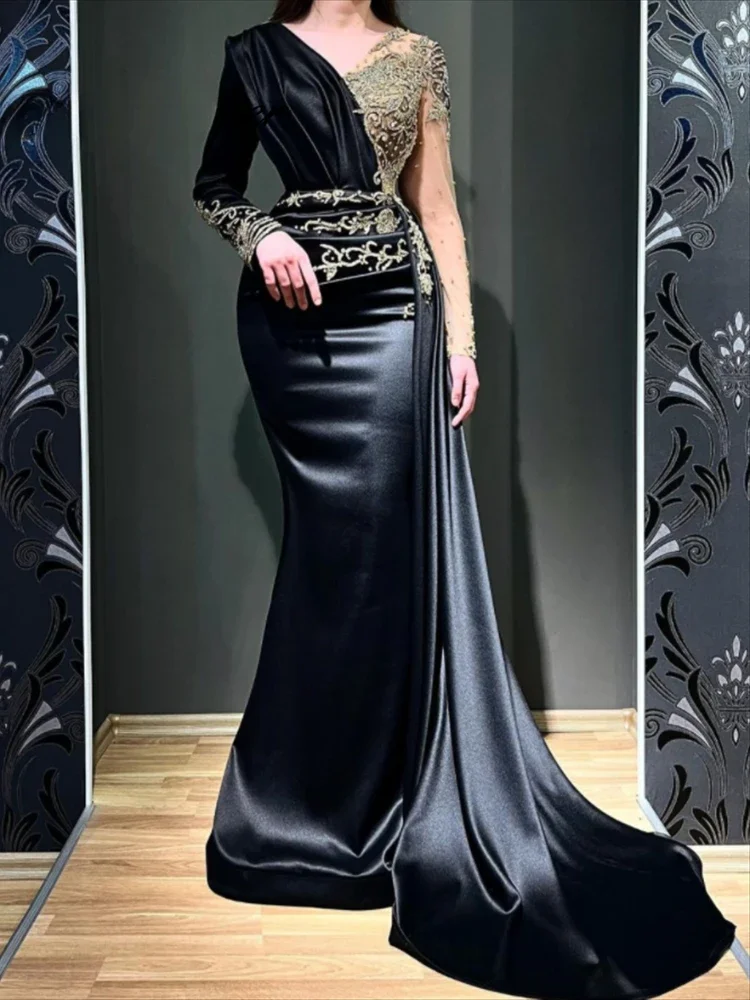 

Luxury Crystal Beaded Muslim Evening Dress with Long Sleeve Mermaid Prom Dresses Formal Gowns Elegant Celebrity Party Gowns