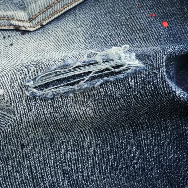 Street Fashion Men Jeans High Quality Retro Blue Stretch Slim Fit Ripped Jeans Men Painted Designer Brand Vintage Denim Pants