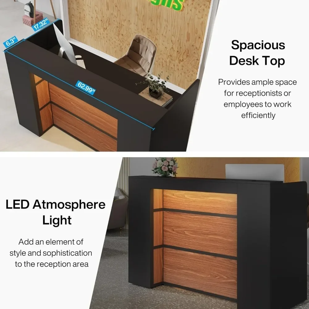 Front Counter Desk LED Lights, 63 Inches Checkout, Lobby, Salon, Retail, Modern Large Counter Table Store Shop Clinic Office