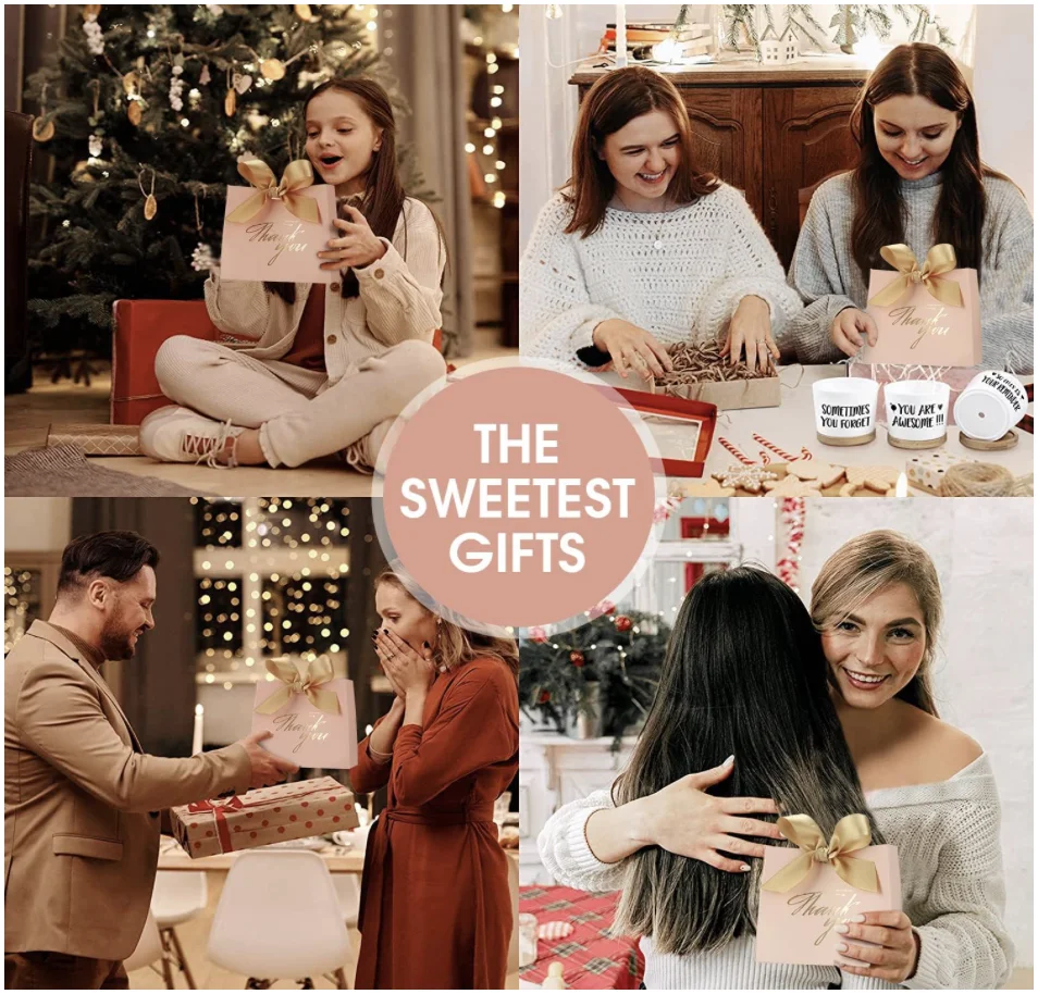 Description Picture 4 of item25 / 50Pack Small Thank You Gift Bag Party Favor Bags Treat Boxes with Blue Bow Ribbon, White Paper Gift Bags Bulk for Wedding