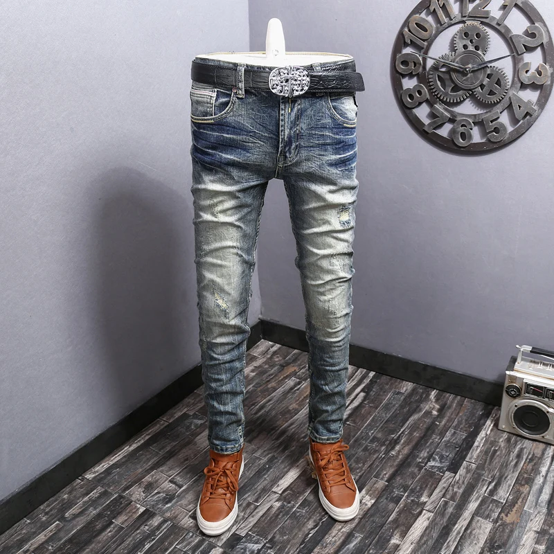 Newly Designer Fashion Men Jeans Retro Washed Blue Elastic Stretch Slim Fit Ripped Jeans Men Patched Vintage Denim Pants Hombre