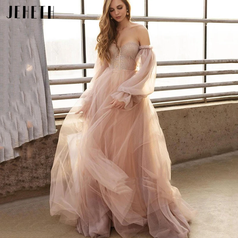 

JEHETH Off Shoulder Princess Wedding Dress Detachable Puff Sleeve Illusion Tulle Bridal Gown Sweetheart A-Line Vestido De Novia