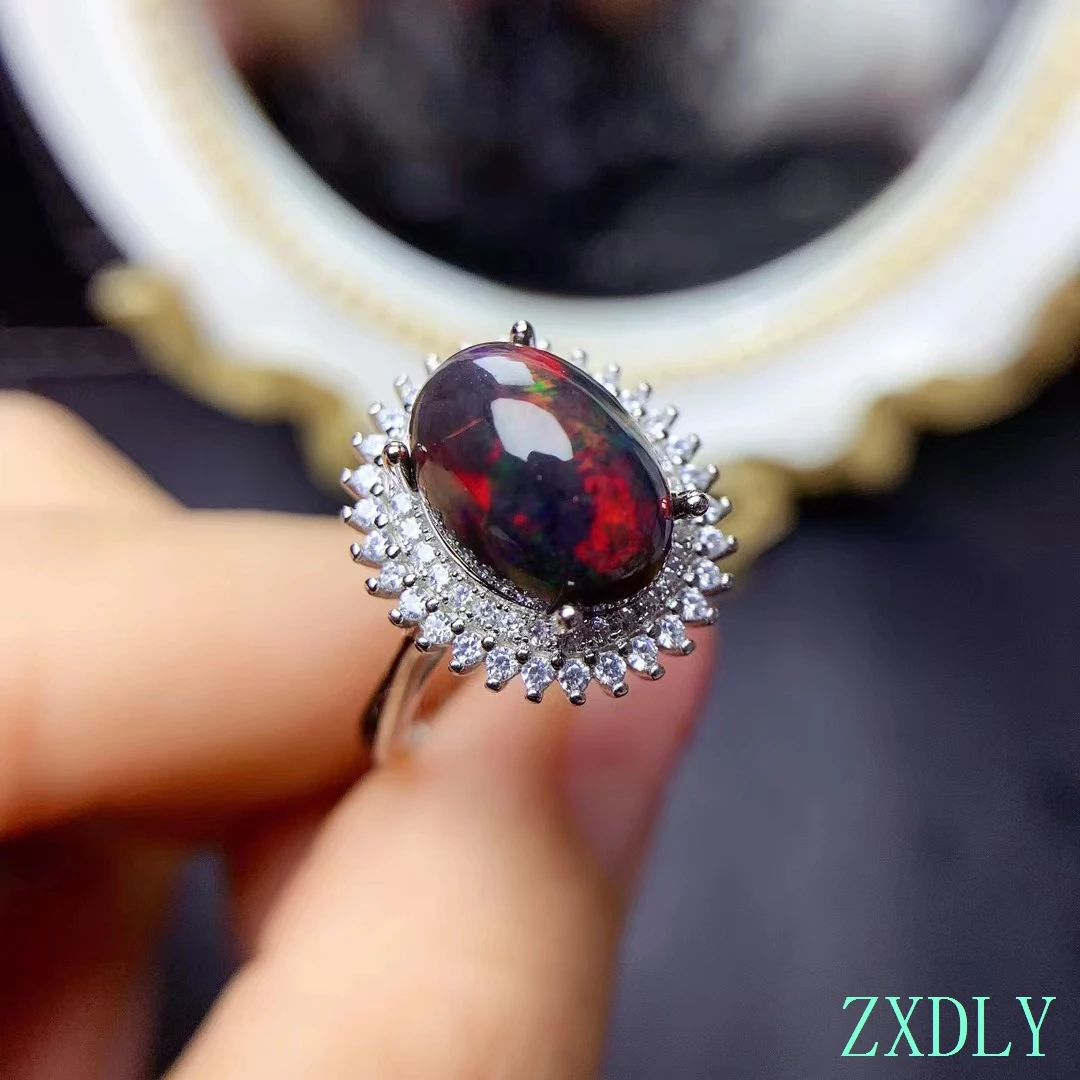 Luxury Natural Black Opal Ring Real 925 Silver Fine Jewelry Big Size Natural Gemstone Good Colorful Fire Secret Birthstone