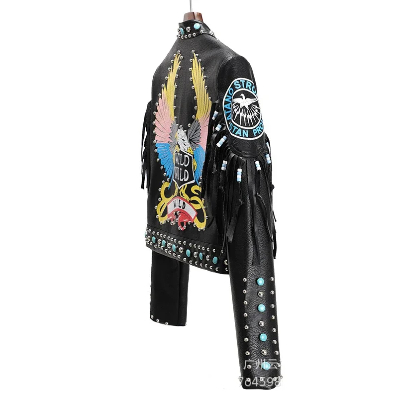 Streetwear Fringed Leather Jacket Women 2024 Trend Rivets Punk Style Graffiti Print Black Cropped Faux Leather Motorcycle Jacket